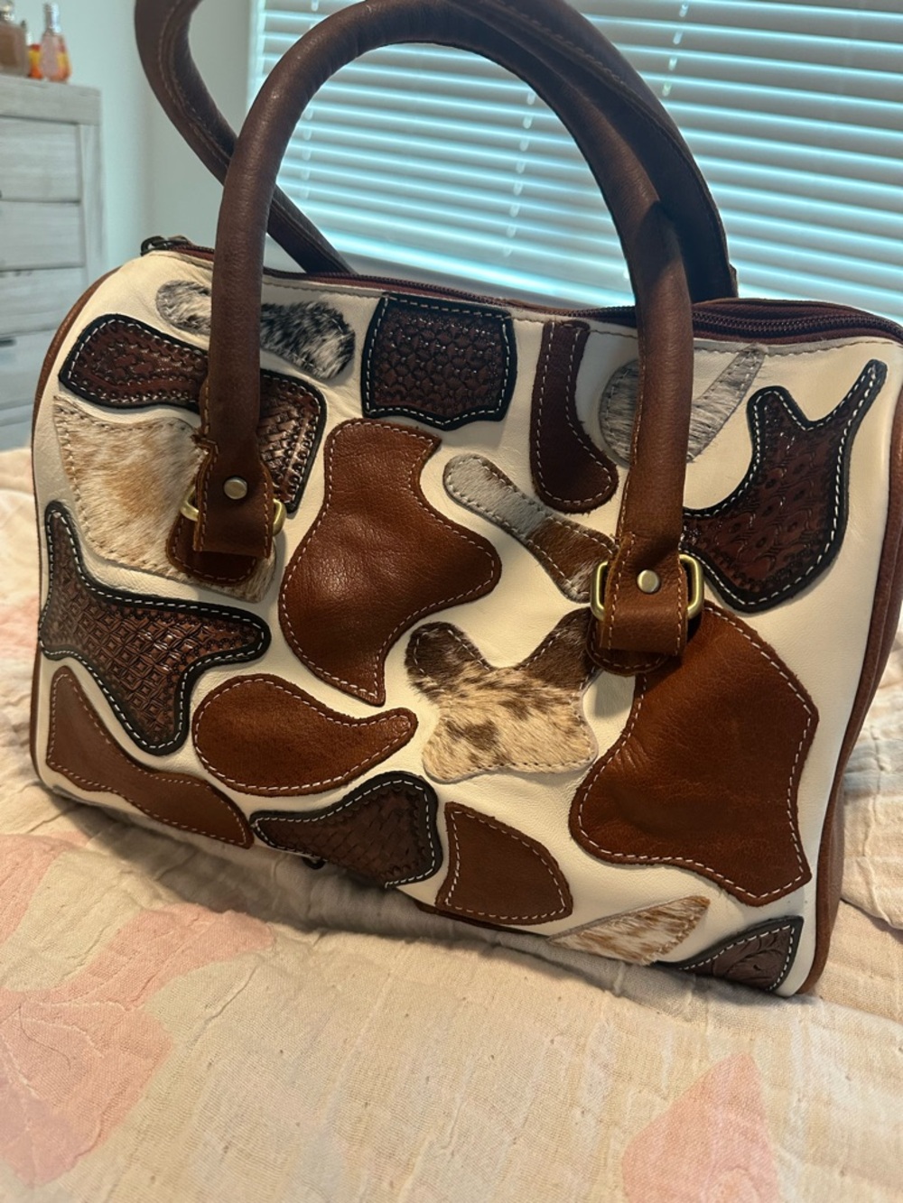 Patchwork Brown & Cream Leather Satchel Bag